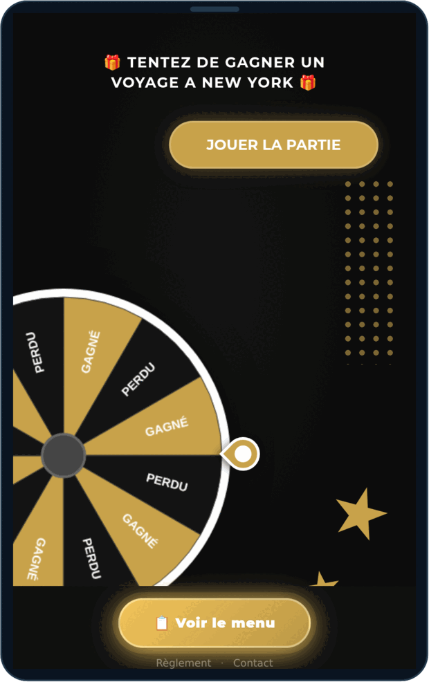 Aperçu de la roue de la fortune sur le téléphone d'un client : l'annonce du lot, le bouton « Jouer la partie » et la roue.